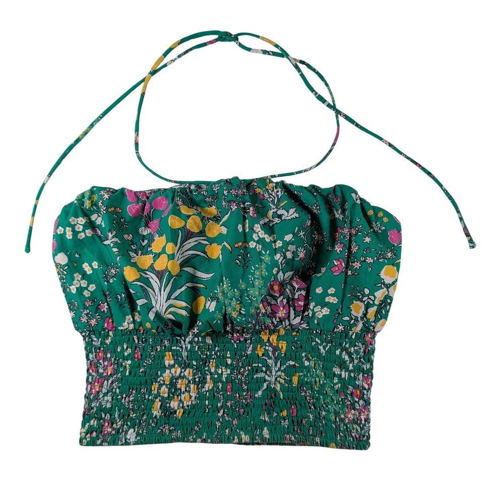 Maeve Anthropologie Halter Top Womens XS Green Smocked Floral Crop